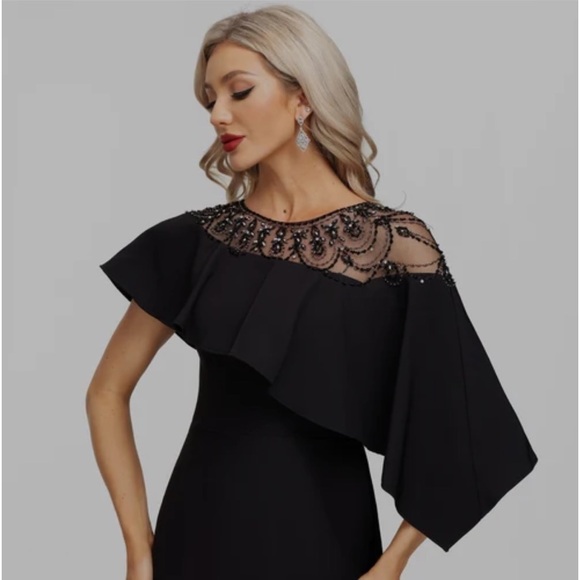 Black A-line Floor-Length Stretch Evening Dress With Beading Black Party Dresss - Picture 1 of 5